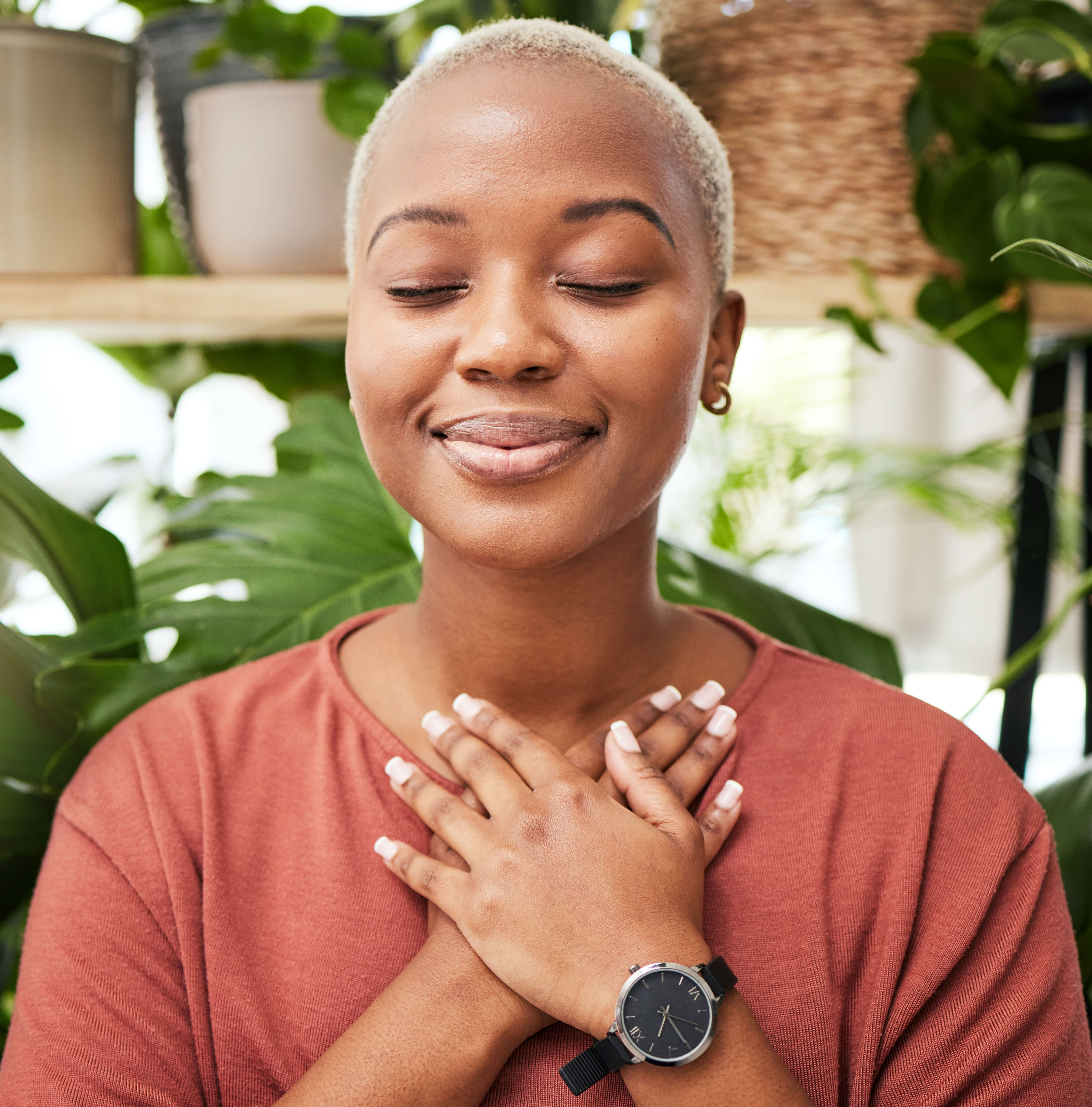 Woman Breathing to Ease Tension and Relieve Neck and Back Pain